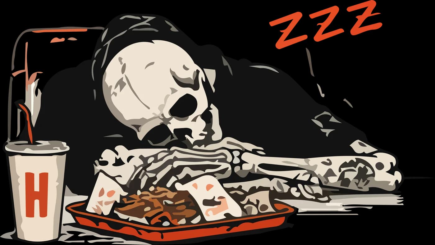 Esqueleto de Hells Burger dormido sobre una bandeja de comida